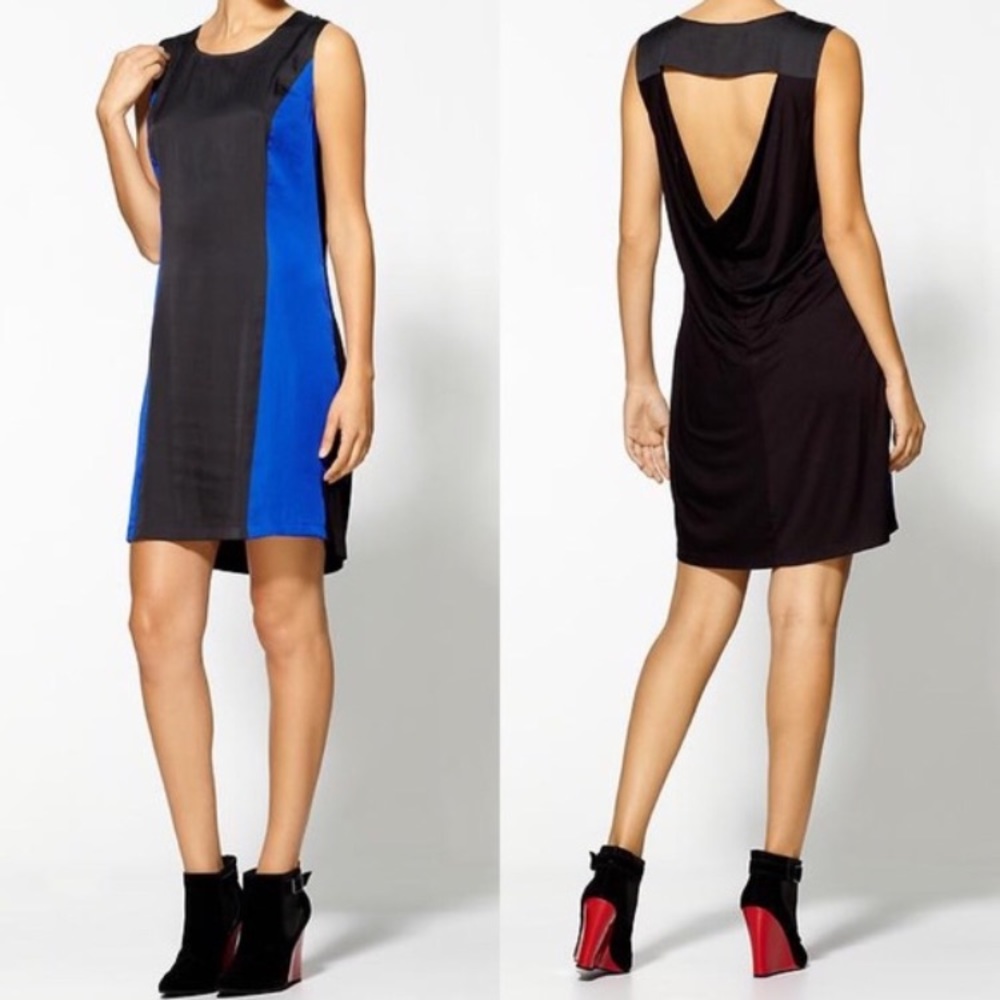BCBG Ike blue + black silky colorblock shift dress